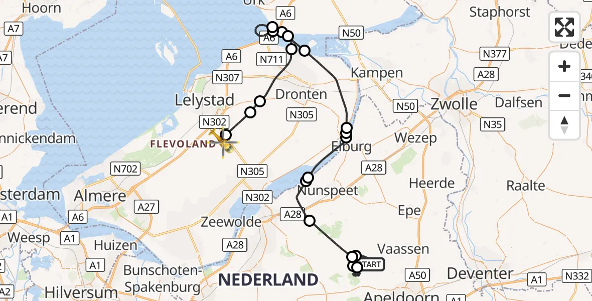 Vluchtroute Traumahelikopter Vaassen - Lelystad Airport, 22 september 2026, 18:52
