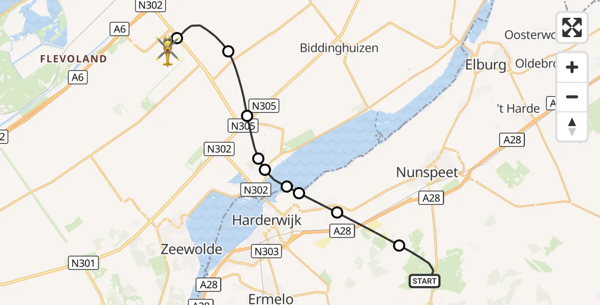Vluchtroute Ambulancehelikopter Elspeet - Lelystad Airport, 22 september 2026, 18:59