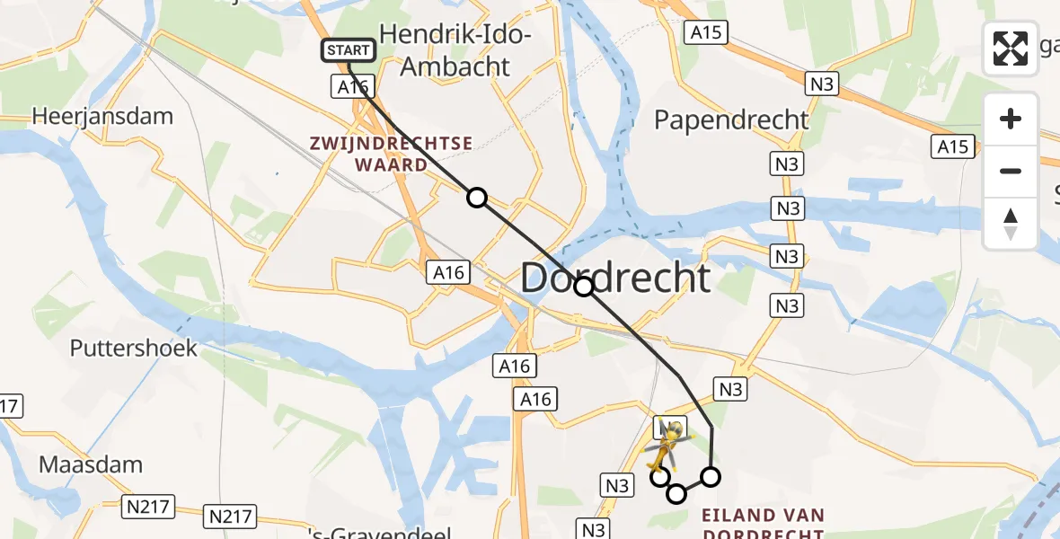 Vluchtroute Traumahelikopter Hendrik-Ido-Ambacht - Albert Schweitzer Hospital Dordrecht Heliport, 22 september 2026, 19:15