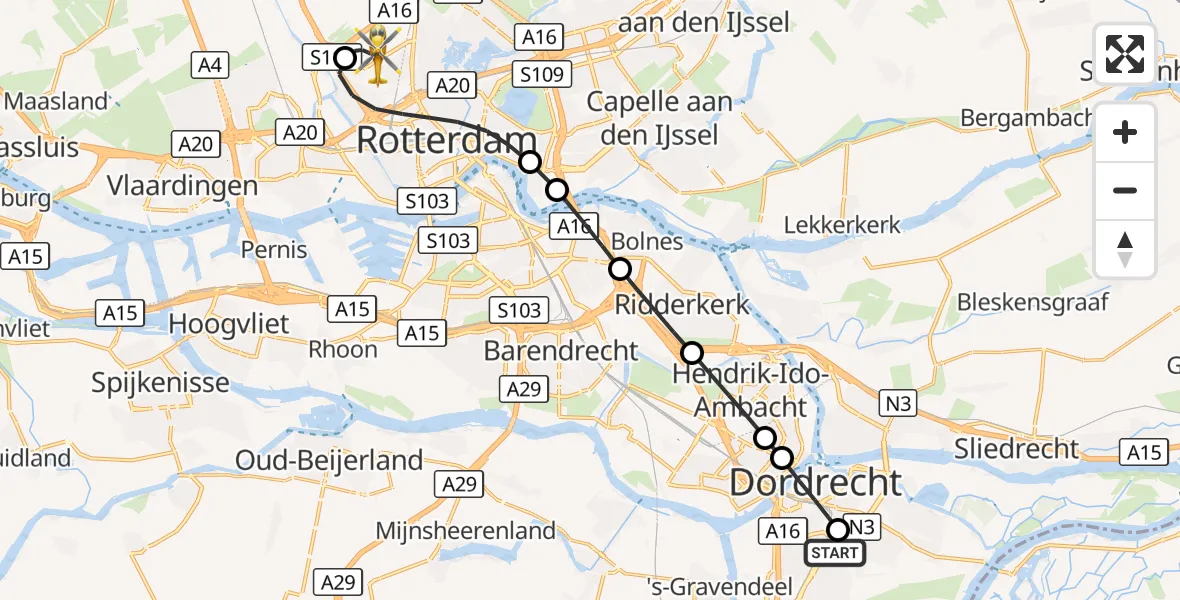 Vluchtroute Traumahelikopter Albert Schweitzer Hospital Dordrecht Heliport - Rotterdam The Hague Airport, 22 september 2026, 19:35