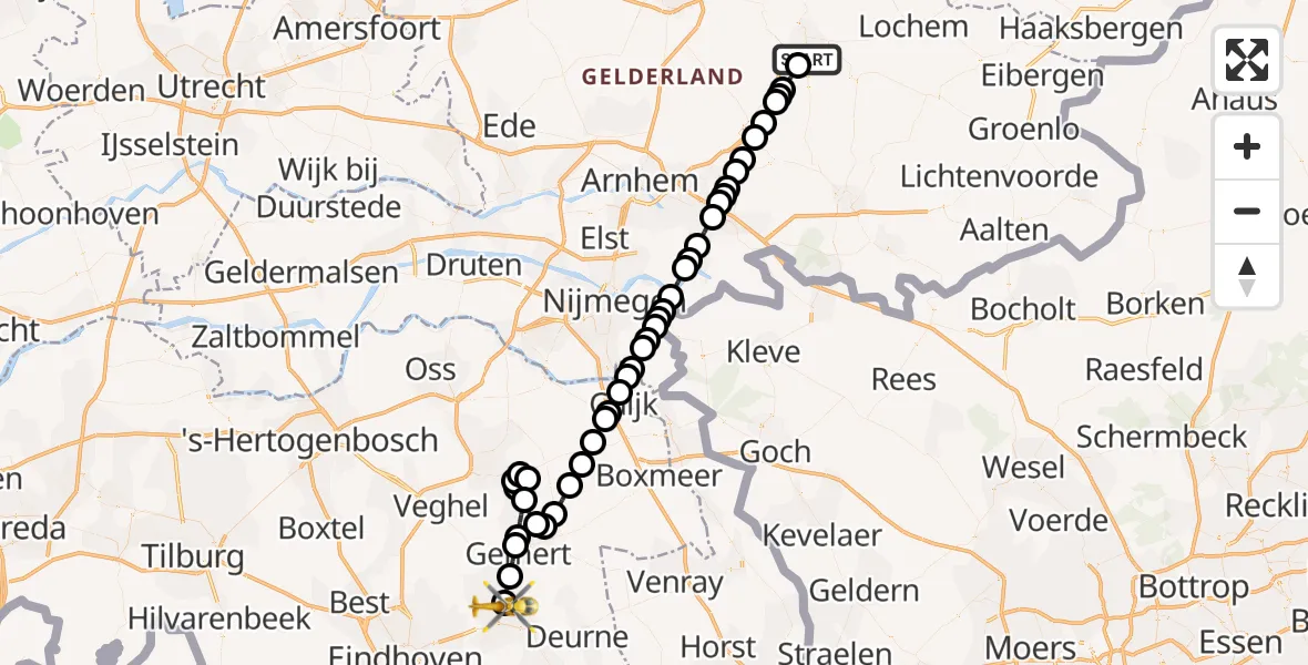 Vluchtroute Traumahelikopter Zutphen - Helmond, 22 september 2026, 19:43