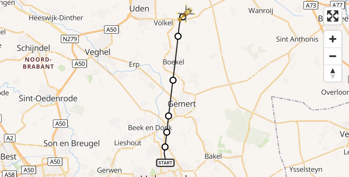 Vluchtroute Traumahelikopter Helmond - Vliegbasis Volkel, 22 september 2026, 20:43