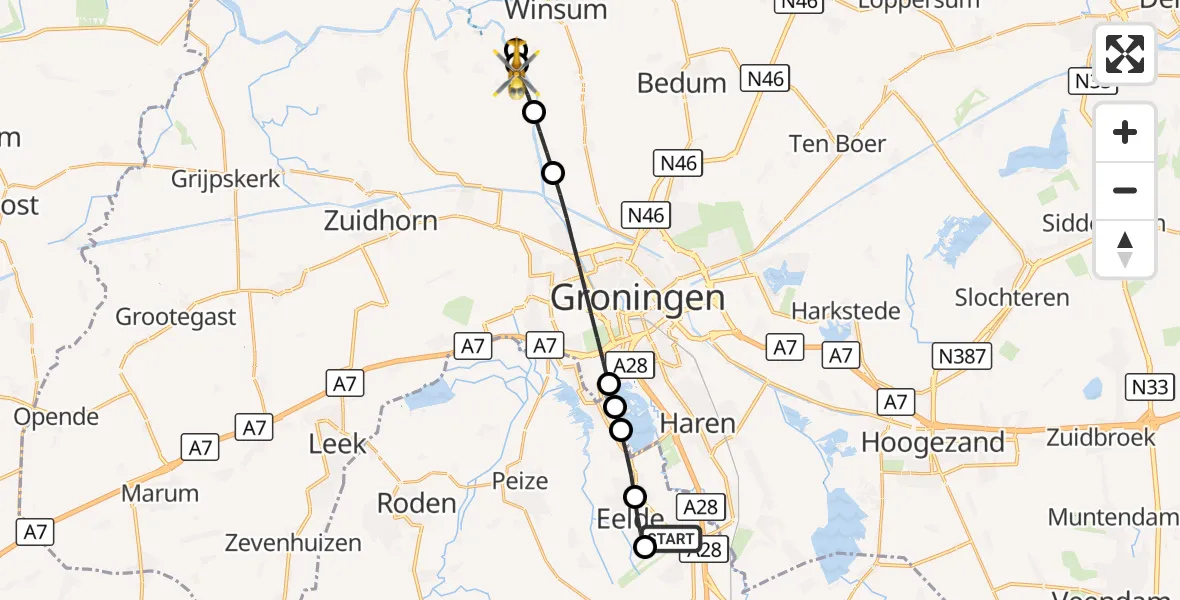 Vluchtroute Traumahelikopter Groningen Airport Eelde - Garnwerd, 23 september 2026, 02:17