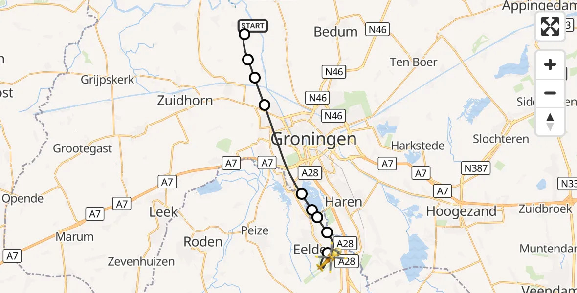 Vluchtroute Traumahelikopter Garnwerd - Groningen Airport Eelde, 23 september 2026, 03:55