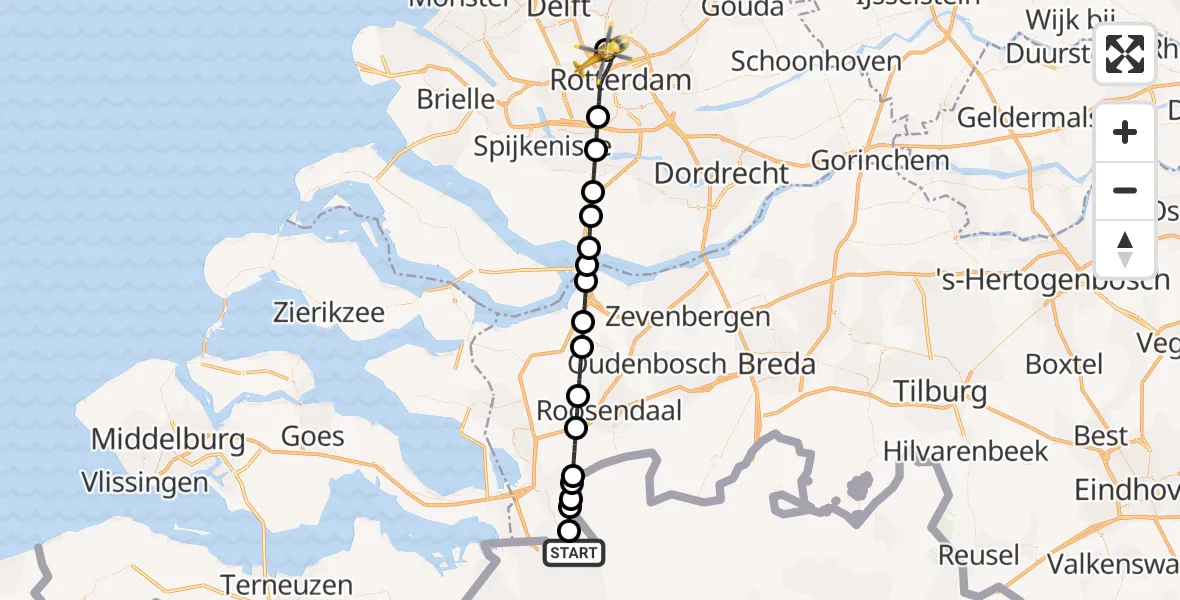 Vluchtroute Traumahelikopter Putte - Rotterdam The Hague Airport, 23 september 2026, 05:36