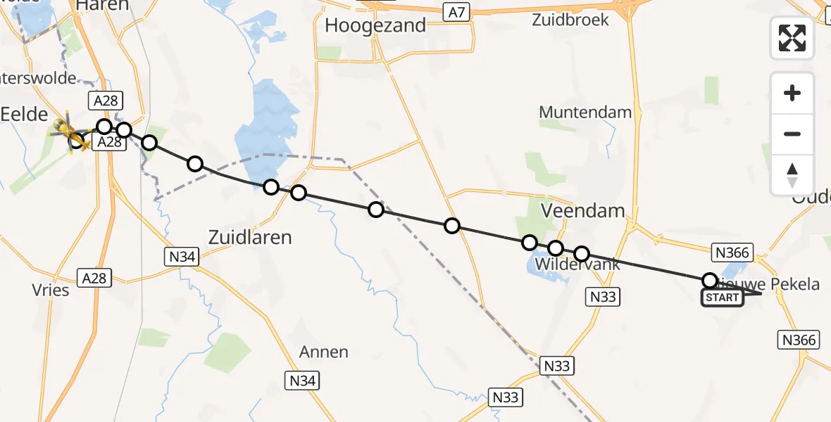 Vluchtroute Traumahelikopter Nieuwe Pekela - Groningen Airport Eelde, 23 september 2026, 06:27