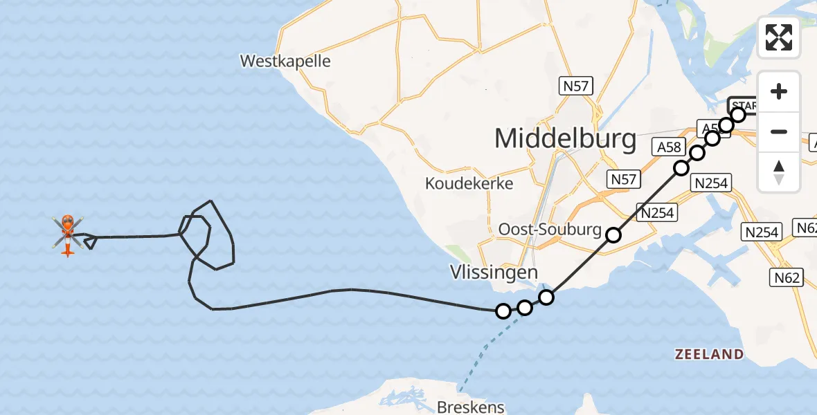 Vluchtroute Kustwachthelikopter Vliegveld Midden-Zeeland - Noordzee, 23 september 2026, 12:53