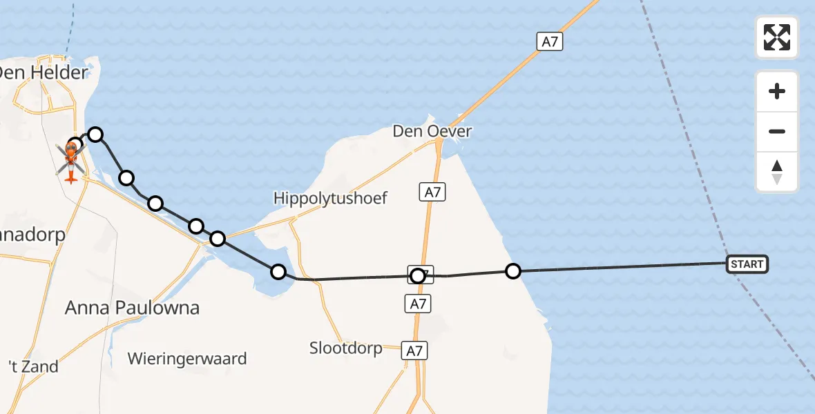 Vluchtroute Kustwachthelikopter IJsselmeer - Militair vliegveld De Kooy / Den Helder Airport, 23 september 2026, 13:38