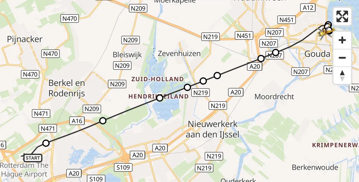 Vluchtroute Traumahelikopter Rotterdam The Hague Airport - Gouda, 23 september 2026, 14:21
