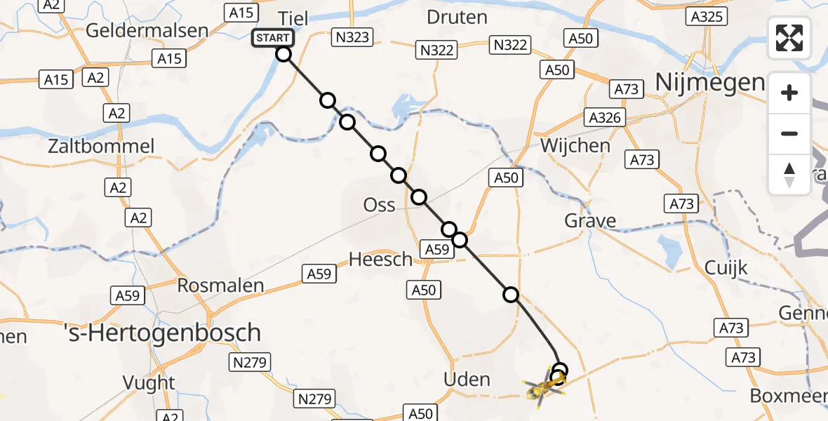 Vluchtroute Traumahelikopter Tiel - Vliegbasis Volkel, 23 september 2026, 18:04