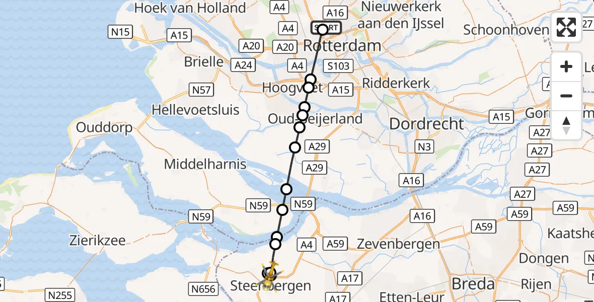 Vluchtroute Traumahelikopter Rotterdam The Hague Airport - Steenbergen, 23 september 2026, 20:27