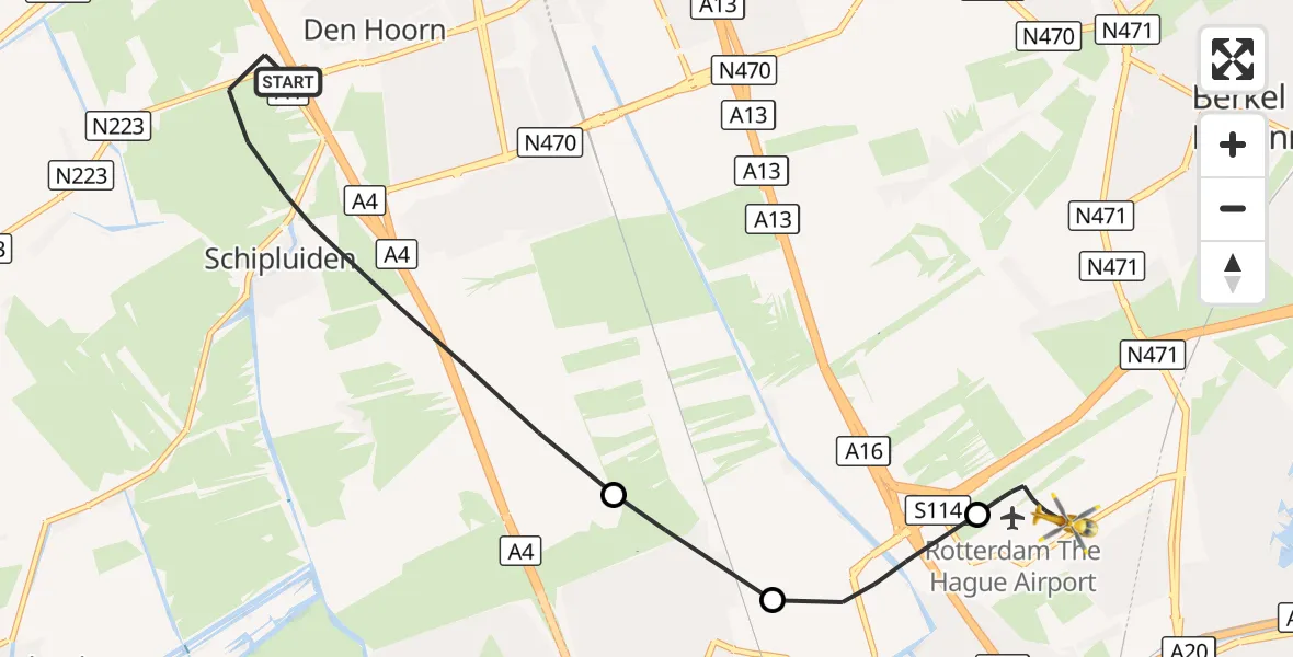 Vluchtroute Traumahelikopter Schipluiden - Rotterdam The Hague Airport, 23 september 2026, 23:03