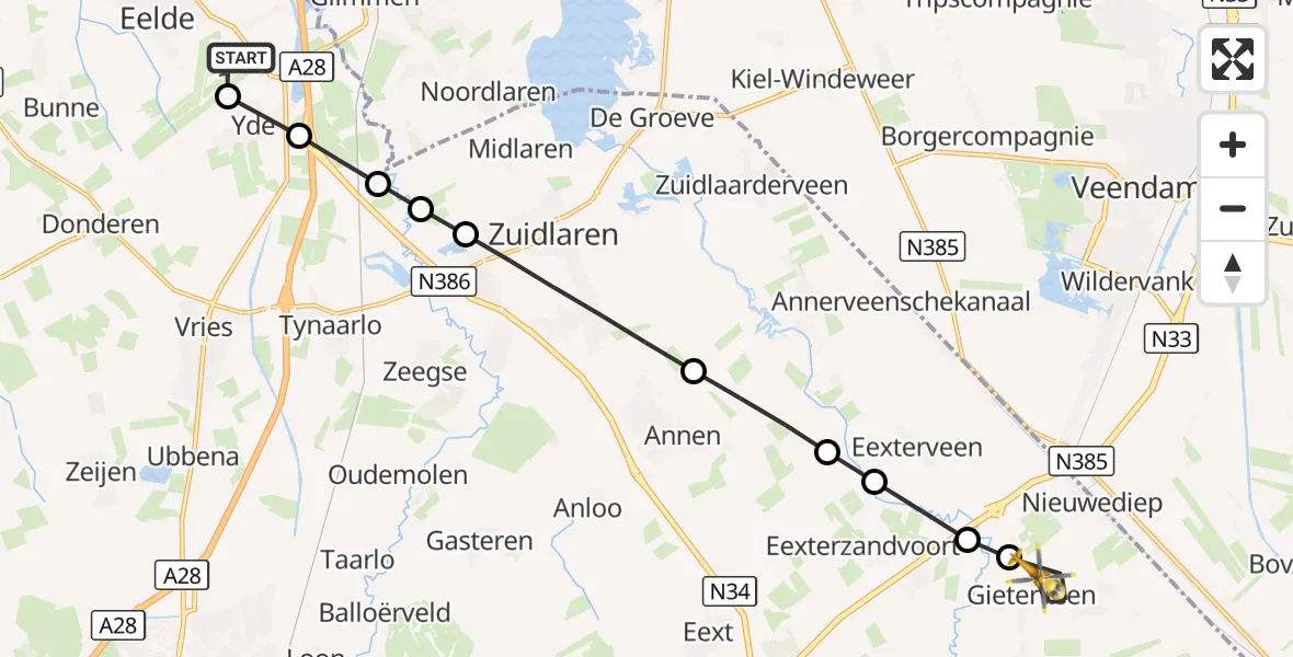 Vluchtroute Traumahelikopter Groningen Airport Eelde - Gieterveen, 24 september 2026, 10:41