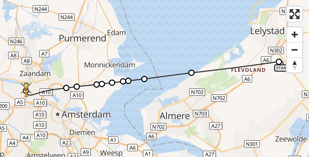 Vluchtroute Traumahelikopter Lelystad Airport - Amsterdam Heliport, 24 september 2026, 12:32