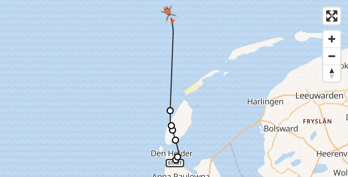 Vluchtroute Kustwachthelikopter Militair vliegveld De Kooy / Den Helder Airport - Noordzee, 24 september 2026, 13:34