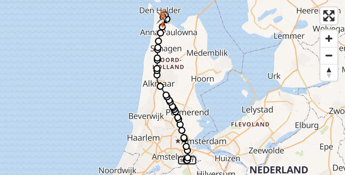 Vluchtroute Kustwachthelikopter Amsterdam UMC Helipad - Militair vliegveld De Kooy / Den Helder Airport, 24 september 2026, 15:43