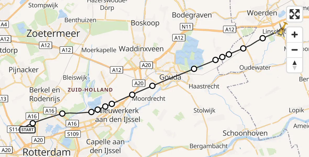 Vluchtroute Traumahelikopter Rotterdam The Hague Airport - Linschoten, 24 september 2026, 16:15