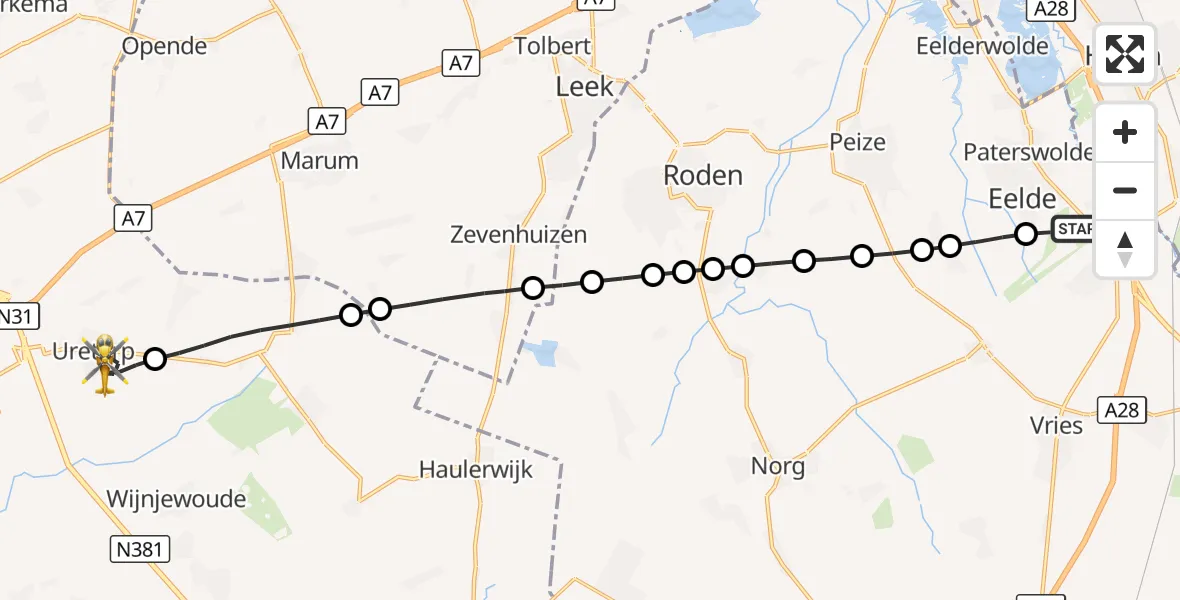 Vluchtroute Traumahelikopter Groningen Airport Eelde - Ureterp, 24 september 2026, 18:10