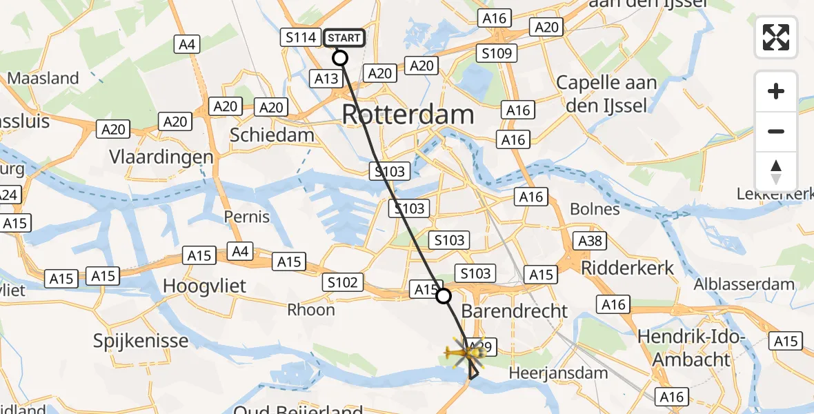 Vluchtroute Traumahelikopter Rotterdam The Hague Airport - Barendrecht, 24 september 2026, 18:32
