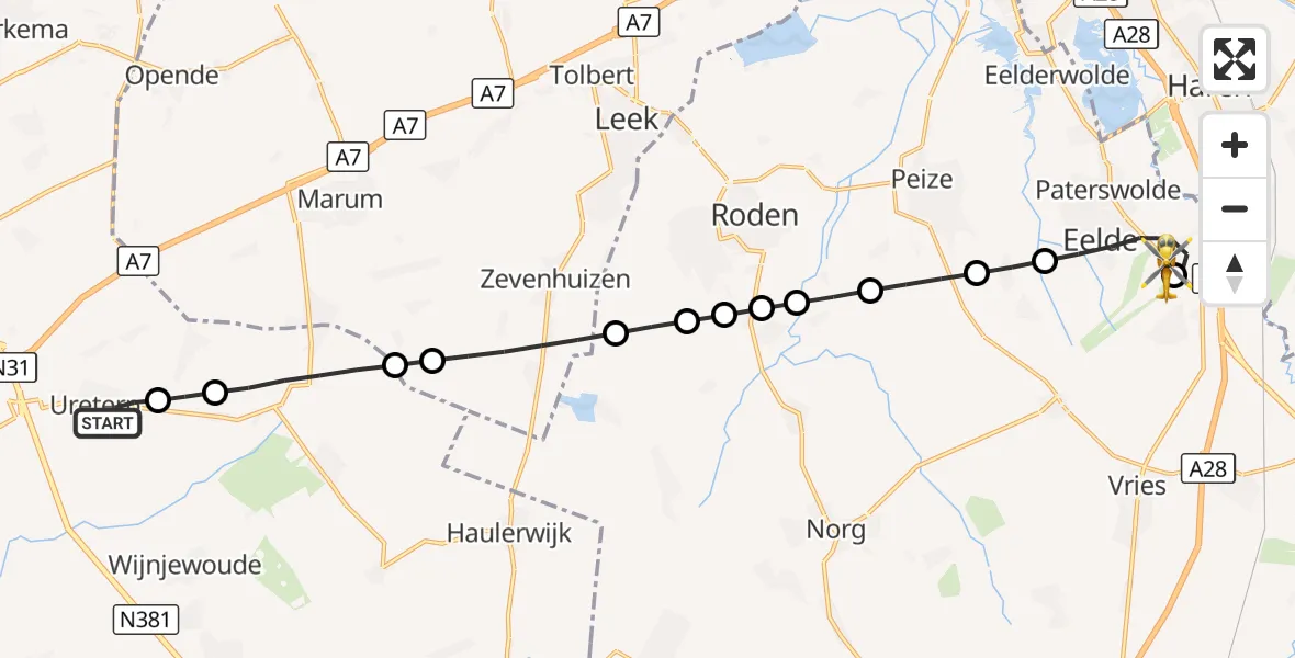 Vluchtroute Traumahelikopter Ureterp - Groningen Airport Eelde, 24 september 2026, 18:38
