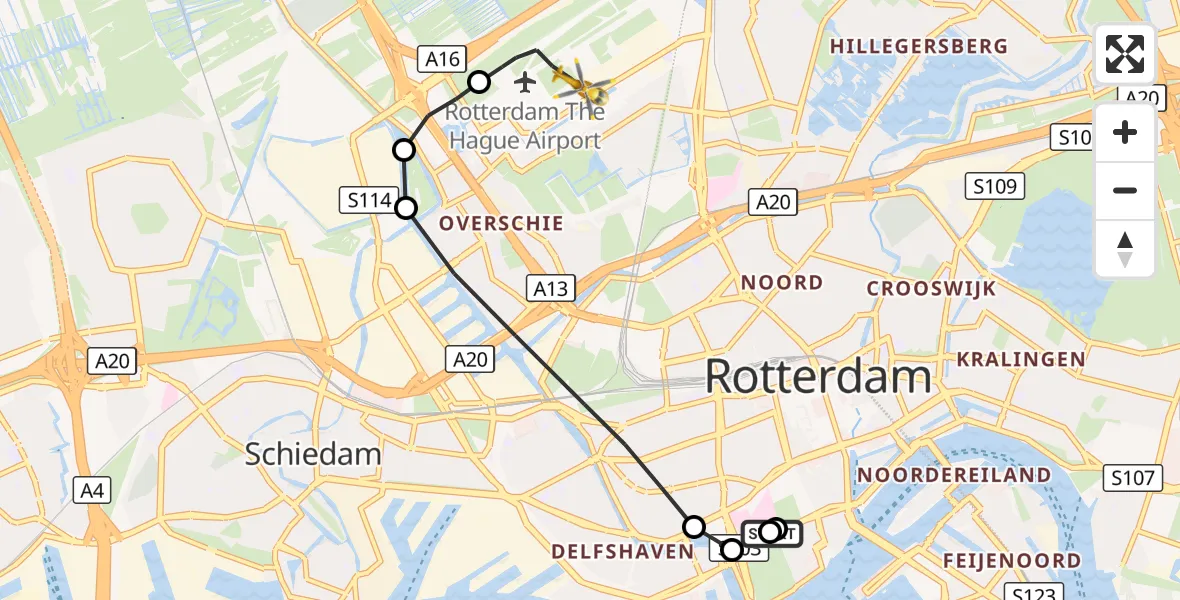 Vluchtroute Traumahelikopter Erasmus MC - Rotterdam The Hague Airport, 24 september 2026, 19:24