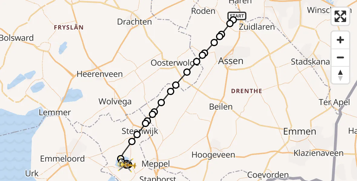 Vluchtroute Traumahelikopter Groningen Airport Eelde - Wanneperveen, 24 september 2026, 22:14