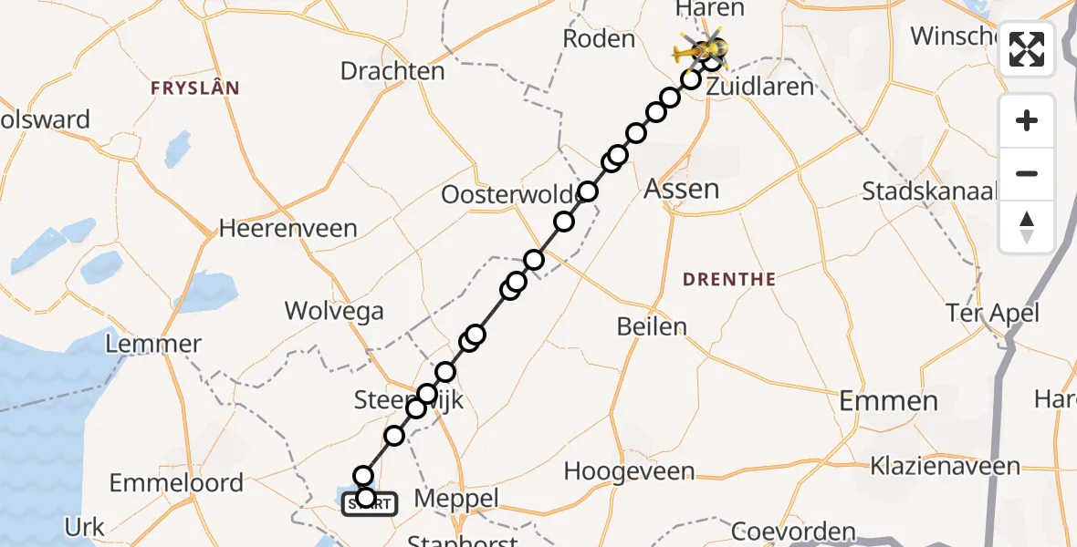 Vluchtroute Traumahelikopter Wanneperveen - Groningen Airport Eelde, 24 september 2026, 23:05