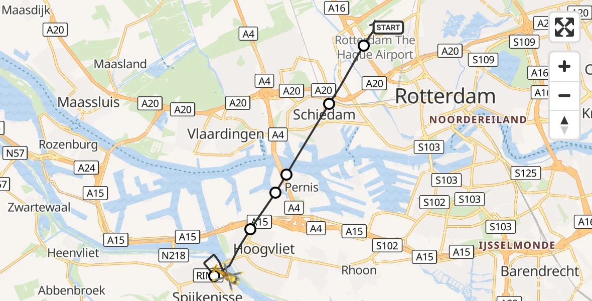 Vluchtroute Traumahelikopter Rotterdam The Hague Airport - Spijkenisse, 24 september 2026, 23:43