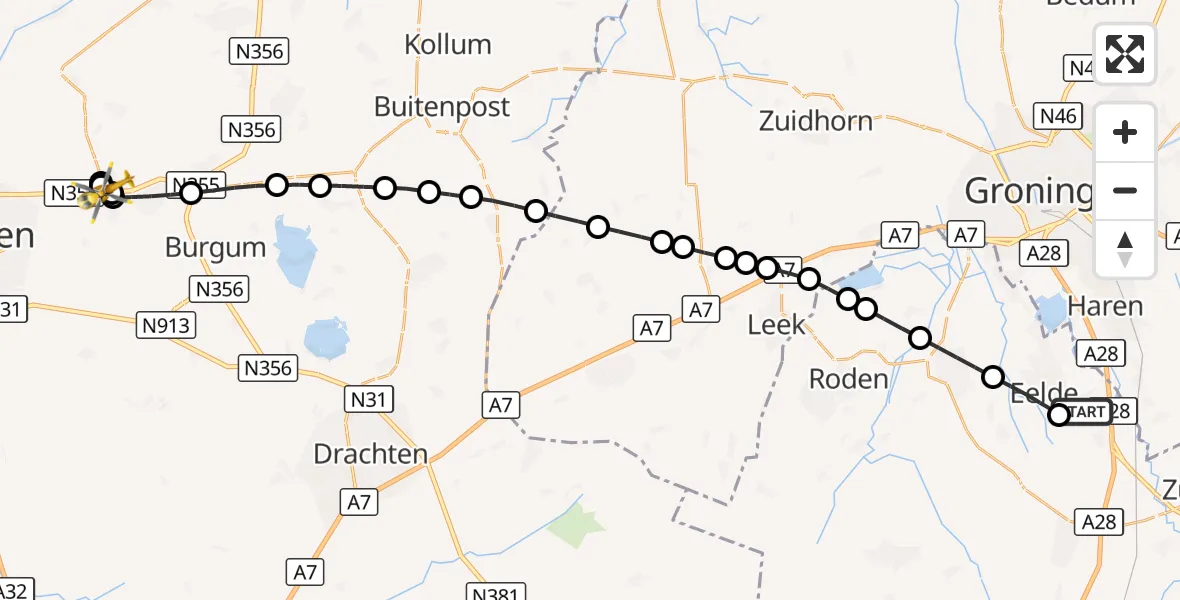 Vluchtroute Traumahelikopter Groningen Airport Eelde - Ryptsjerk, 24 september 2026, 23:47