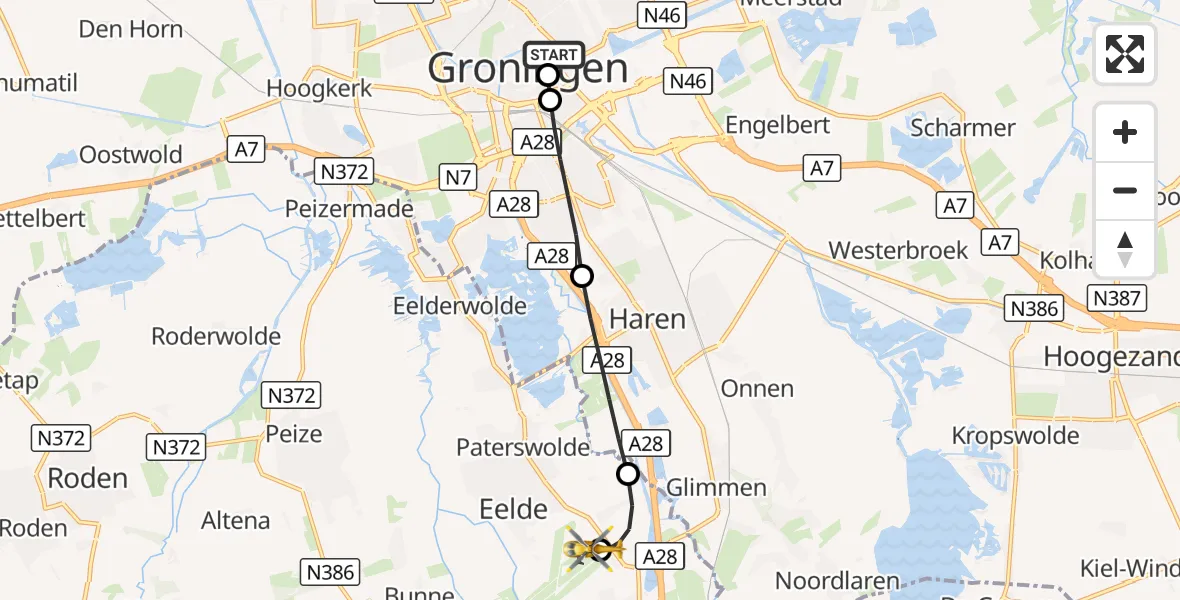 Vluchtroute Traumahelikopter Universitair Medisch Centrum Groningen - Groningen Airport Eelde, 25 september 2026, 01:03