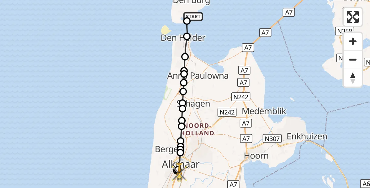 Vluchtroute Ambulancehelikopter Den Hoorn - Alkmaar, 25 september 2026, 03:40