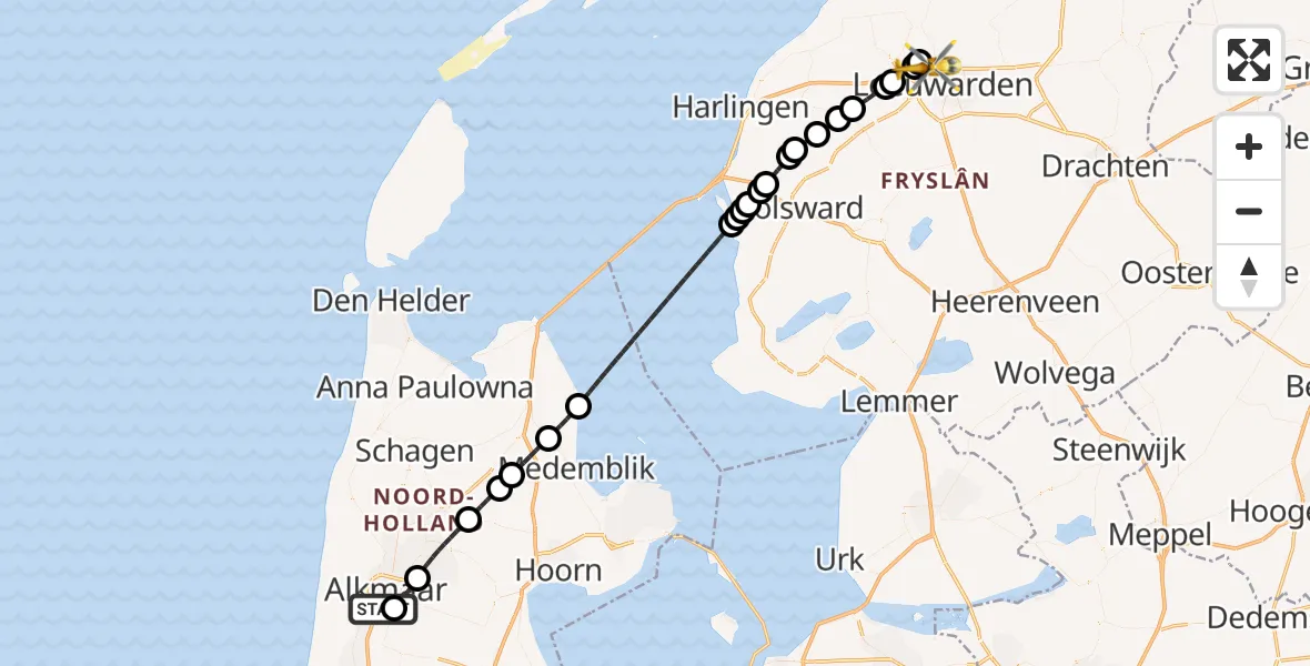 Vluchtroute Ambulancehelikopter Alkmaar - Vliegbasis Leeuwarden, 25 september 2026, 04:11