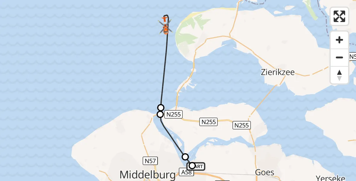 Vluchtroute Kustwachthelikopter Vliegveld Midden-Zeeland - Noordzee, 25 september 2026, 07:08