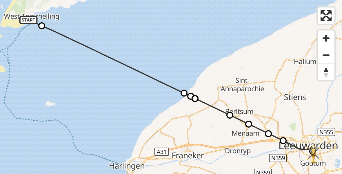 Vluchtroute Ambulancehelikopter West-Terschelling - Leeuwarden Medical Center Heliport, 25 september 2026, 08:29