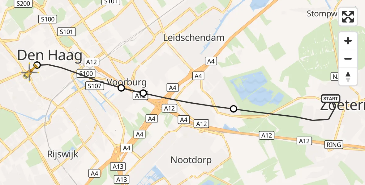 Vluchtroute Traumahelikopter Zoetermeer - HMC Westeinde Heliport, 25 september 2026, 11:05