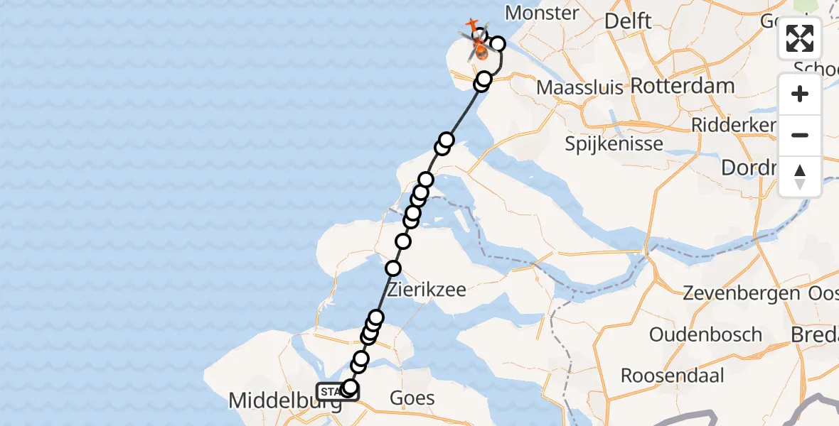 Vluchtroute Kustwachthelikopter Vliegveld Midden-Zeeland - Maasvlakte Rotterdam, 25 september 2026, 11:36