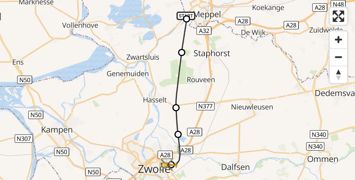 Vluchtroute Traumahelikopter Nijeveen - Isala Hospital Zwolle Heliport, 25 september 2026, 12:31