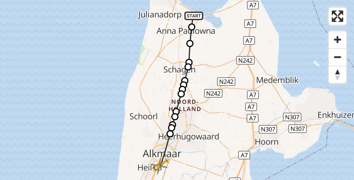 Vluchtroute Traumahelikopter Breezand - Alkmaar, 25 september 2026, 12:54