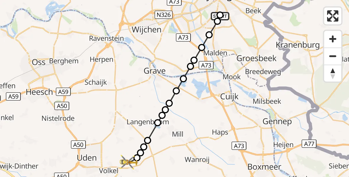 Vluchtroute Traumahelikopter Radboud Universitair Medisch Centrum - Vliegbasis Volkel, 25 september 2026, 12:54