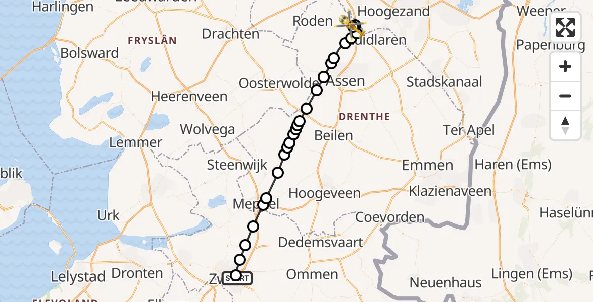 Vluchtroute Traumahelikopter Isala Hospital Zwolle Heliport - Groningen Airport Eelde, 25 september 2026, 13:06