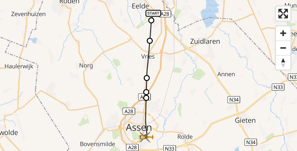 Vluchtroute Traumahelikopter Groningen Airport Eelde - Assen, 25 september 2026, 13:39