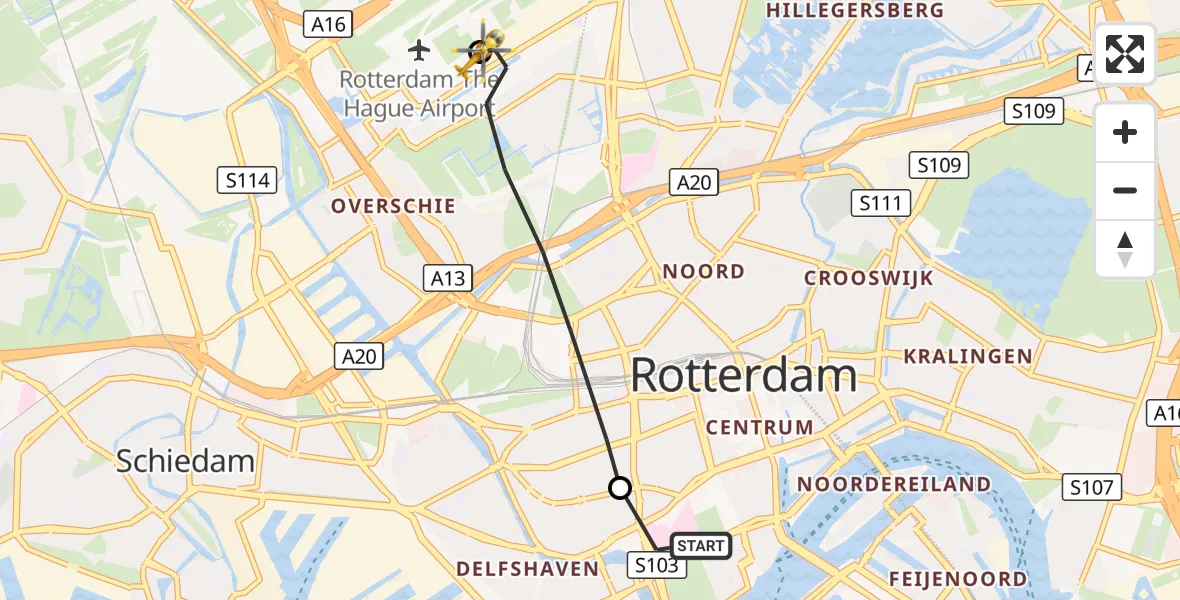 Vluchtroute Traumahelikopter Erasmus MC - Rotterdam The Hague Airport, 25 september 2026, 13:43