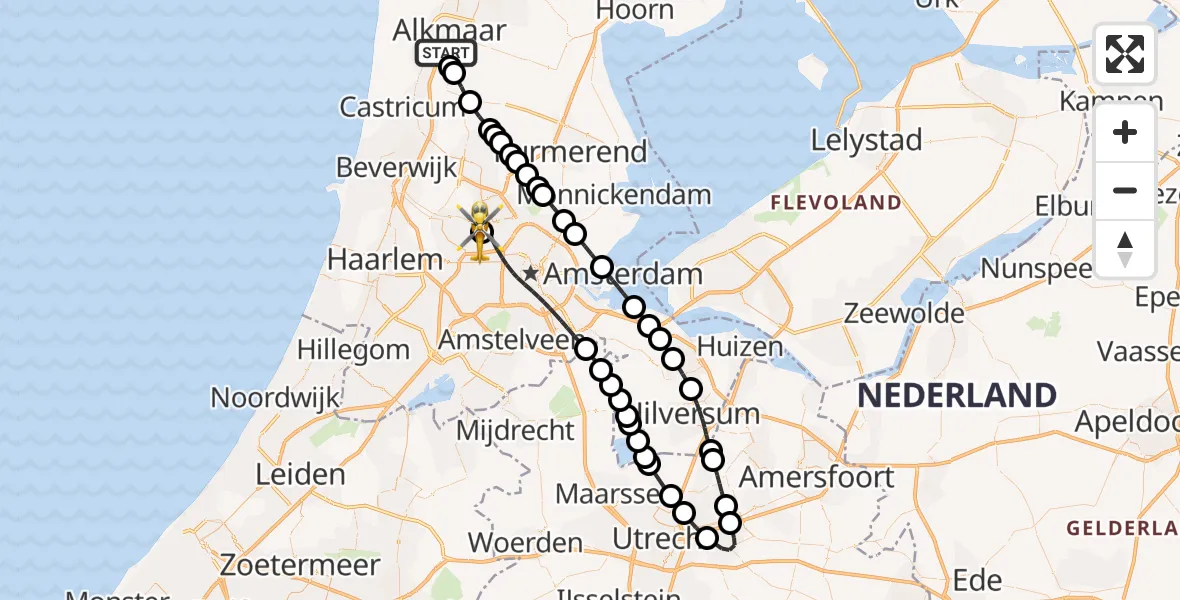 Vluchtroute Traumahelikopter Alkmaar - Amsterdam Heliport, 25 september 2026, 13:54