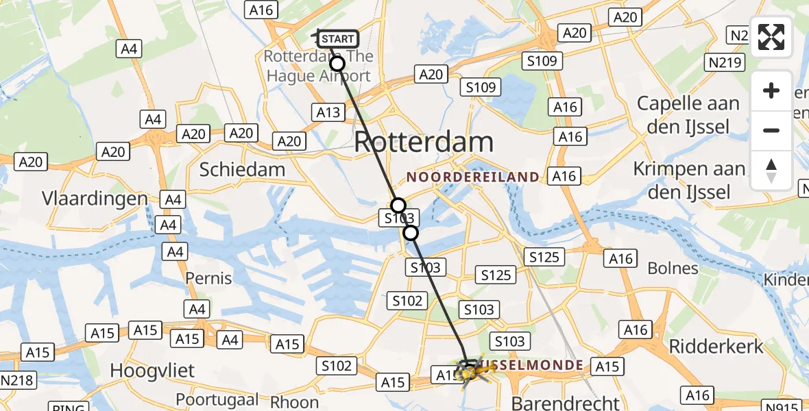 Vluchtroute Traumahelikopter Rotterdam The Hague Airport - Barendrecht, 25 september 2026, 14:20