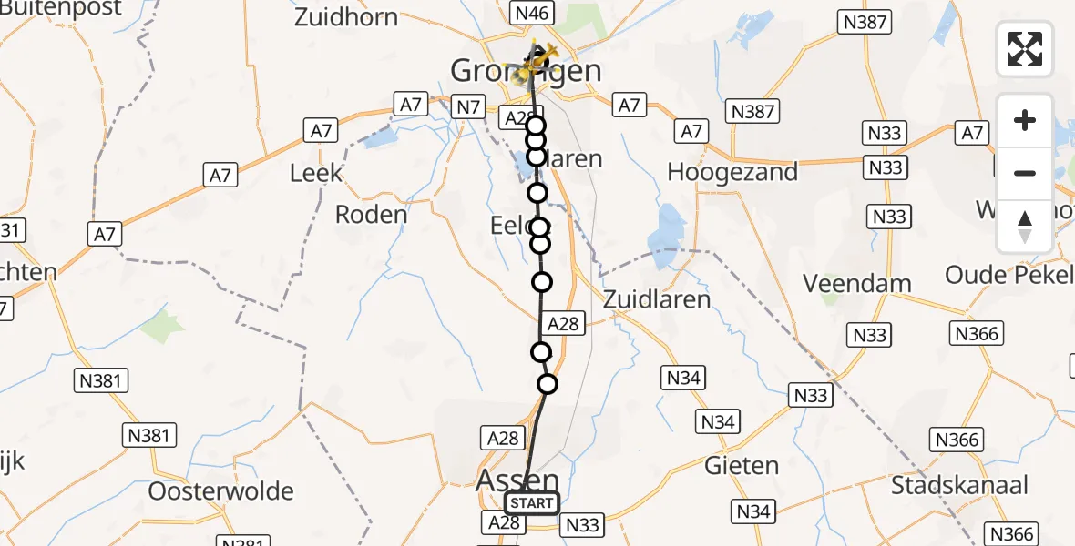 Vluchtroute Traumahelikopter Assen - Universitair Medisch Centrum Groningen, 25 september 2026, 14:22