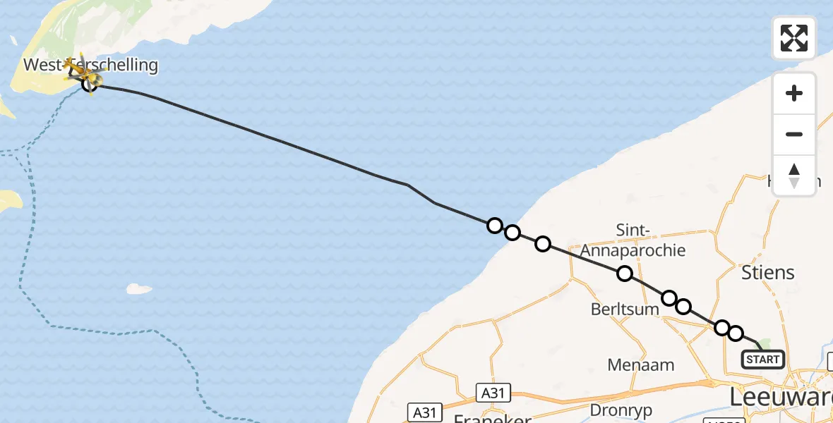 Vluchtroute Ambulancehelikopter Vliegbasis Leeuwarden - West-Terschelling, 25 september 2026, 14:33
