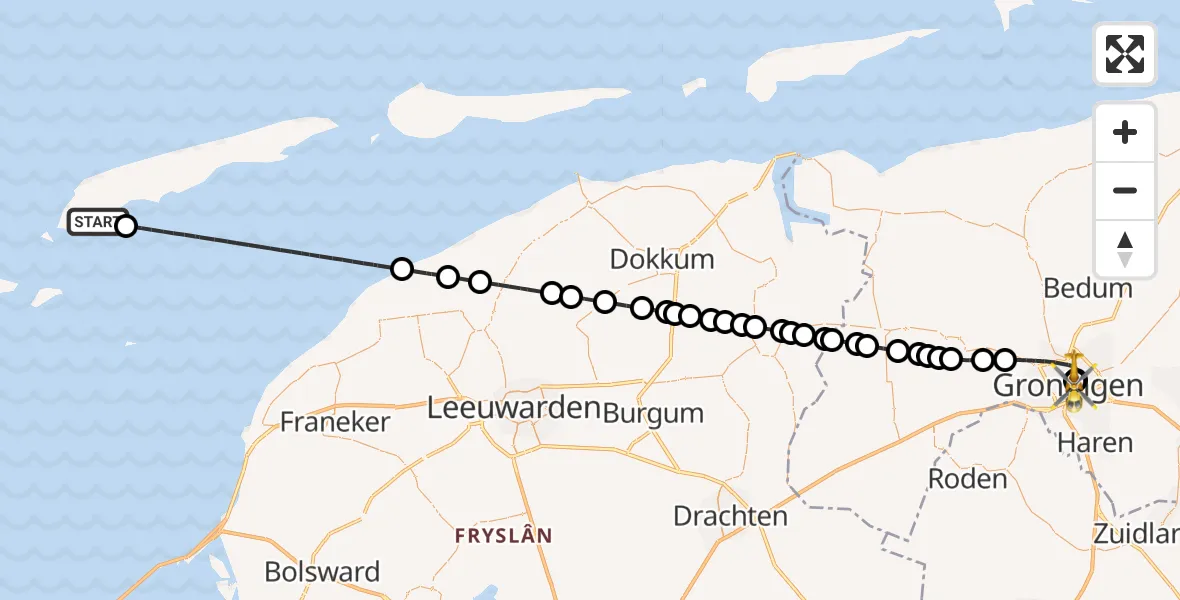 Vluchtroute Ambulancehelikopter West-Terschelling - Universitair Medisch Centrum Groningen, 25 september 2026, 15:02