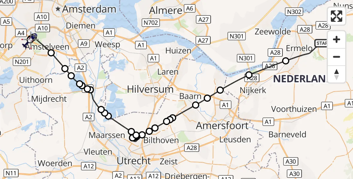Vluchtroute Politiehelikopter Ermelo - Amsterdam Vliegveld Schiphol, 25 september 2026, 15:09