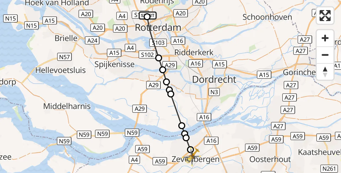 Vluchtroute Traumahelikopter Rotterdam The Hague Airport - Zevenbergen, 25 september 2026, 16:07