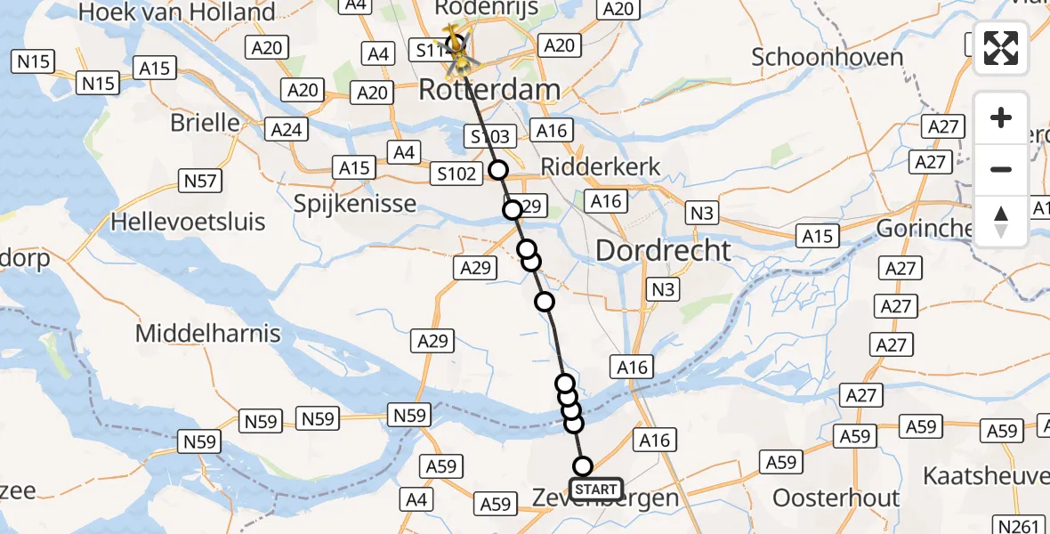 Vluchtroute Traumahelikopter Zevenbergen - Rotterdam The Hague Airport, 25 september 2026, 16:39